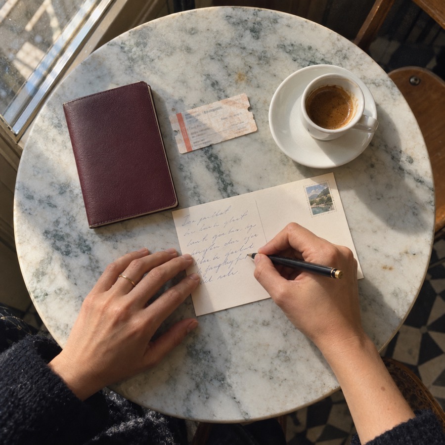 Hands writing a postcard on a marble café table, beside a passport, a train ticket and an espresso