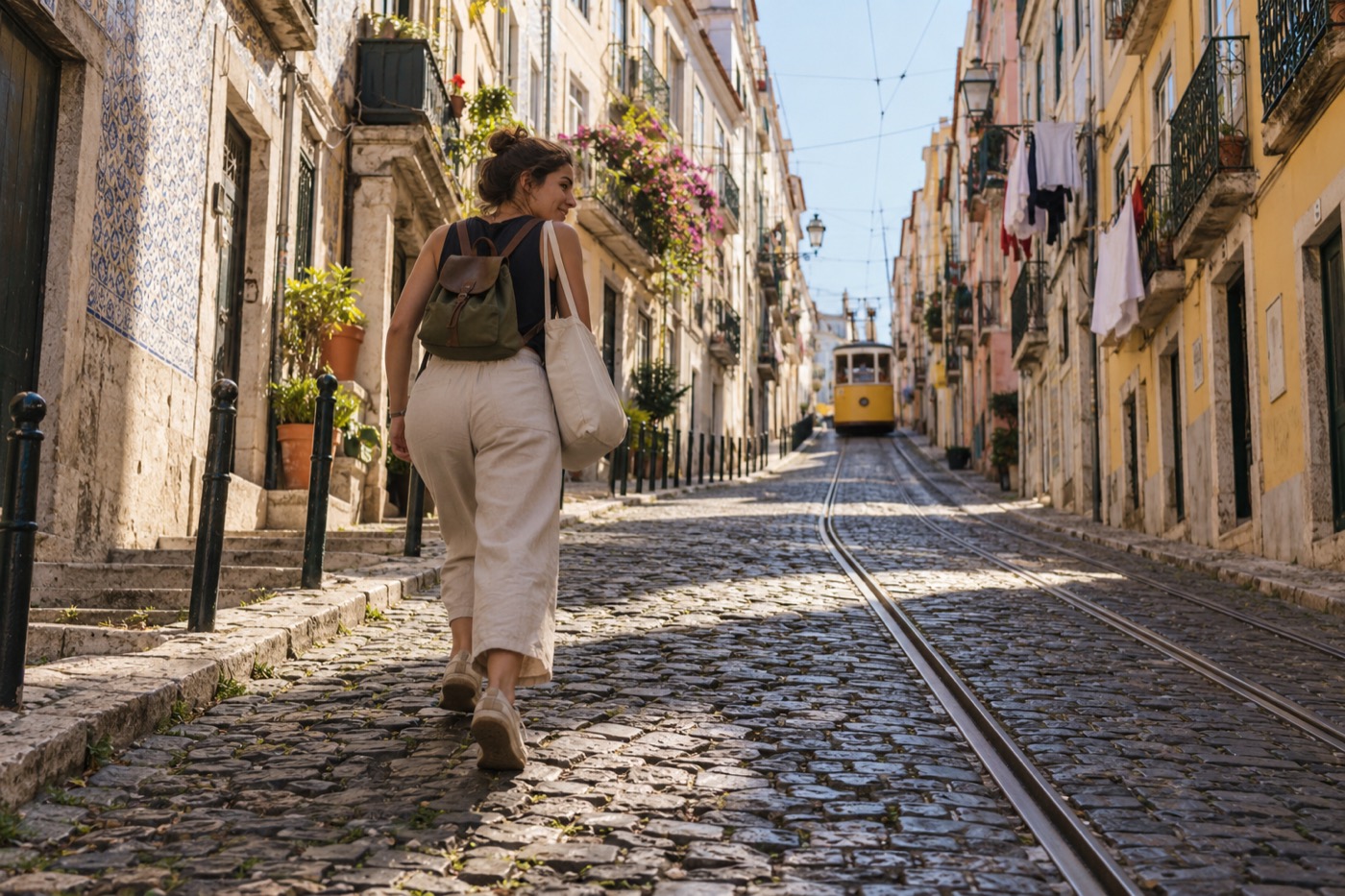 A traveller with a backpack and a tote bag walking up a sunny cobbled street, a yellow tram behind her