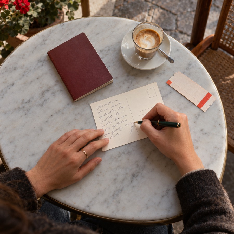 Unas manos escriben una postal en una mesa de mármol de un café, junto a un pasaporte, un billete de tren y un cortado