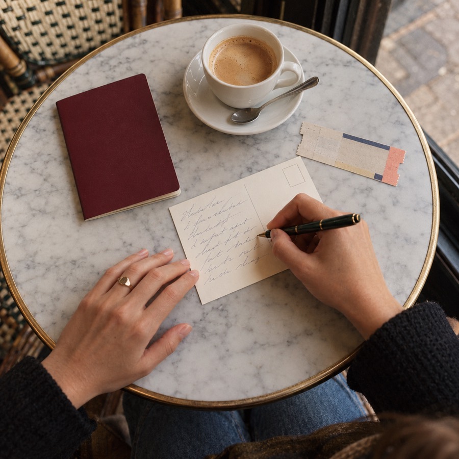 Des mains écrivent une carte postale sur une table de café en marbre, à côté d'un passeport, d'un billet de train et d'un café crème